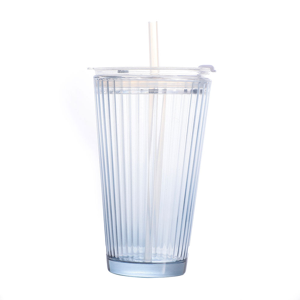 Ribbed Glass Cup With Straw