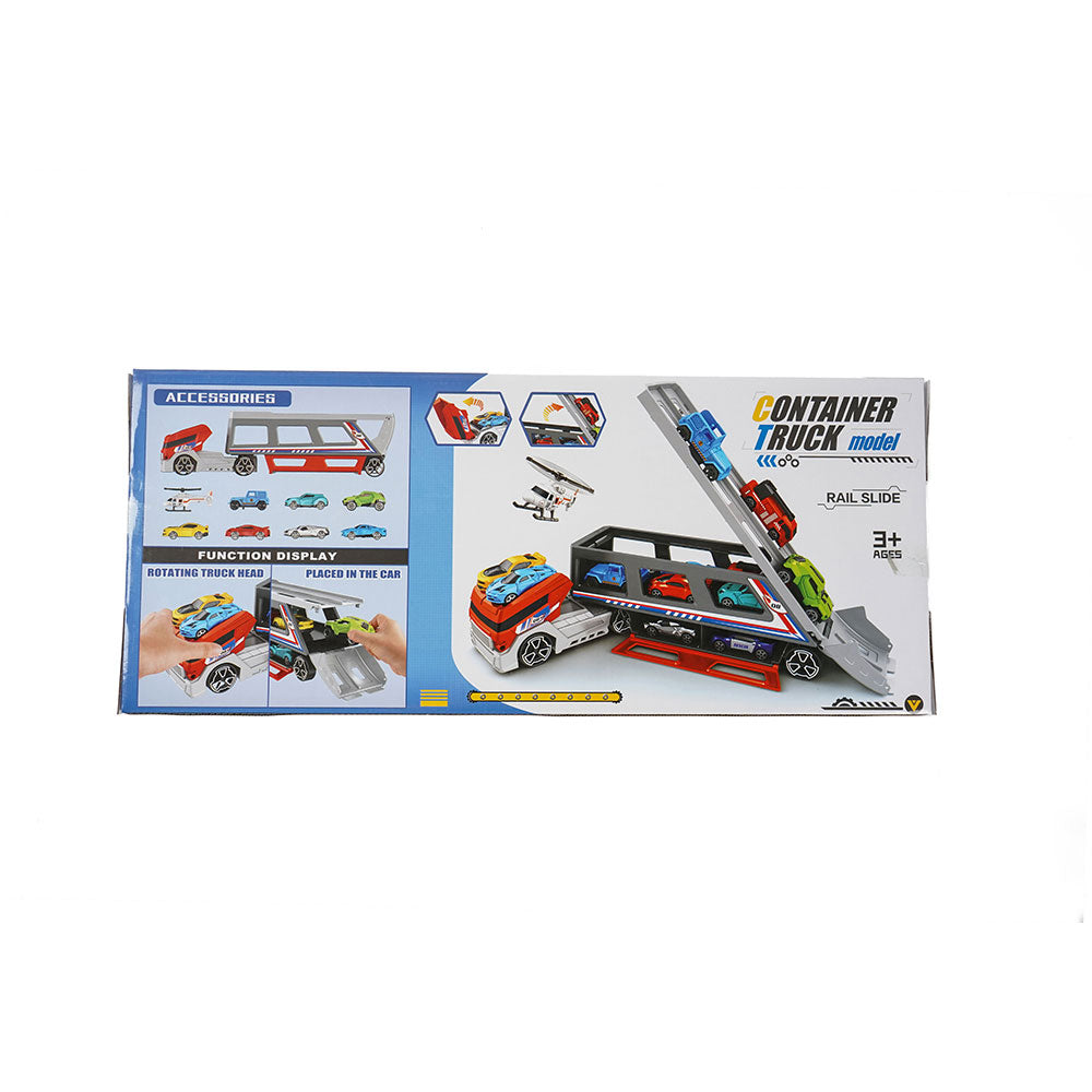 Car Transporter Container Truck Toys With 6 Cars & 1 Helicopter