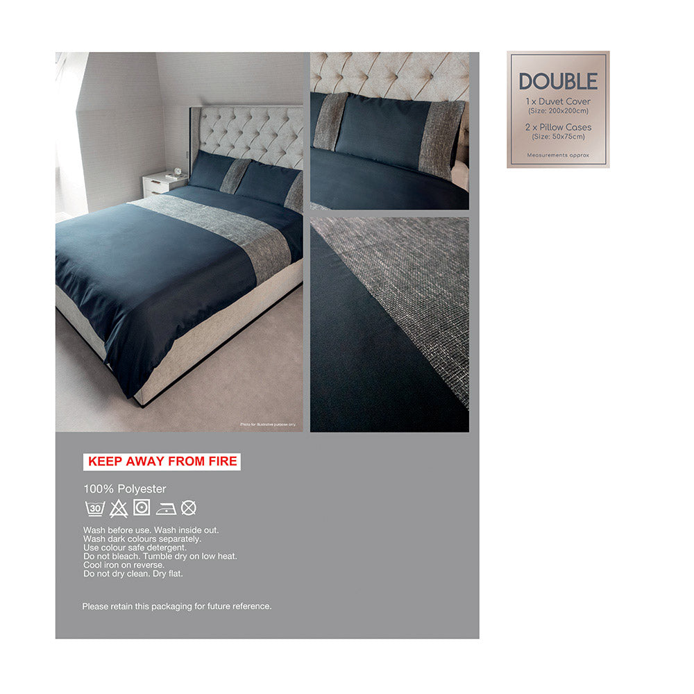 Natural Jacquard Panel Navy Duvet Set Double Size