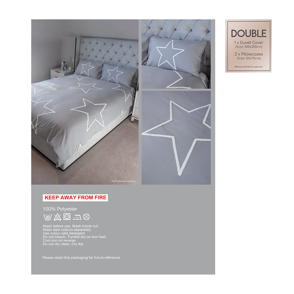 Grey Tufted Star Duvet Set 3Pcs Double Size