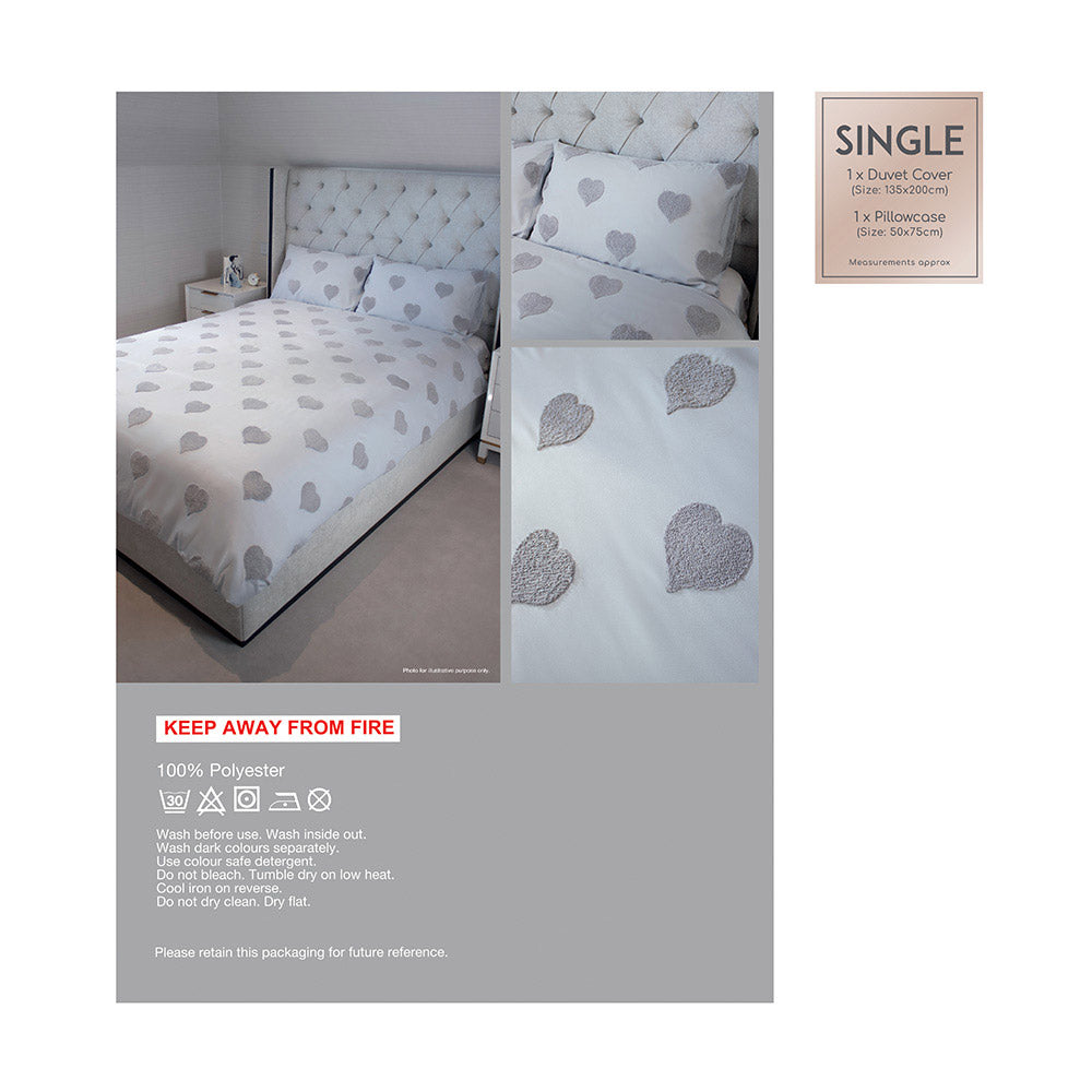 Light Grey Tufted Heart Duvet Set 2Pcs Single Size