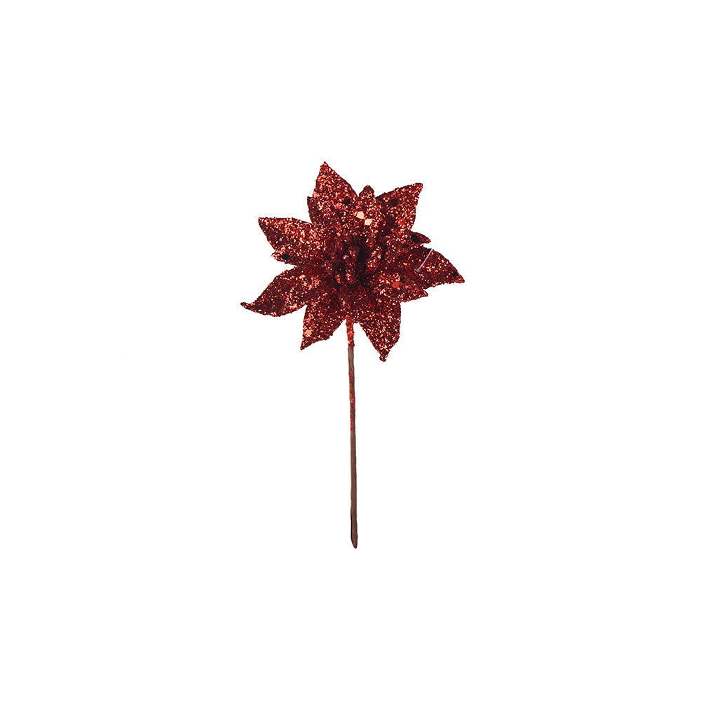 Artificial Glitted Floral Ornament Red