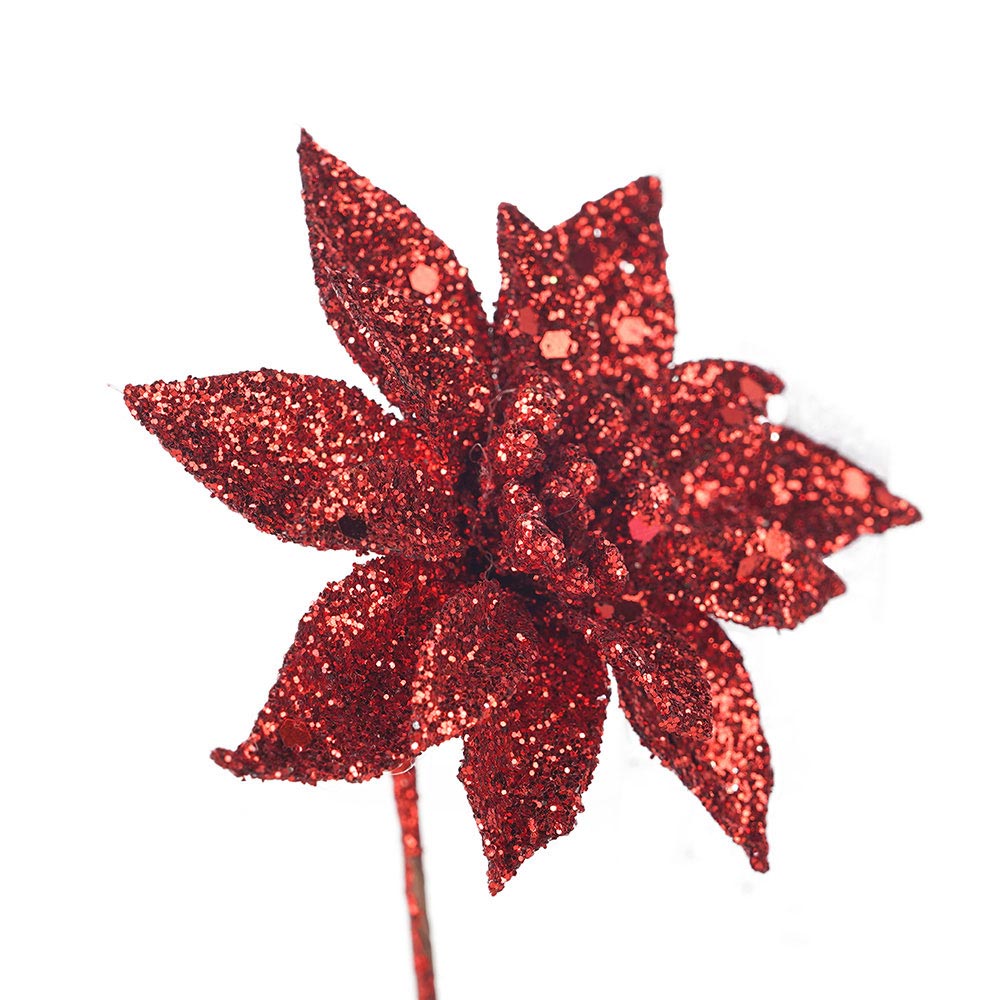Artificial Glitted Floral Ornament Red