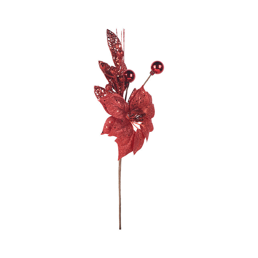 Artificial Glitted Poinsettia Pick Red