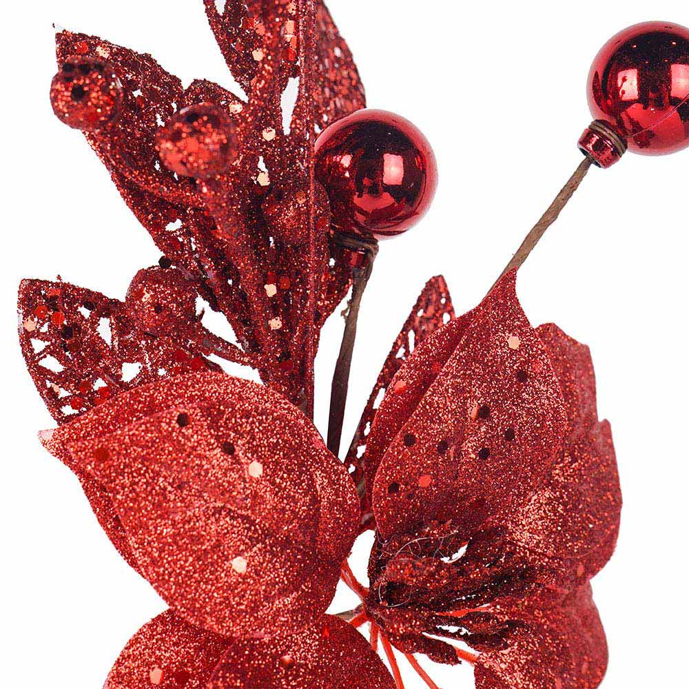 Artificial Glitted Poinsettia Pick Red