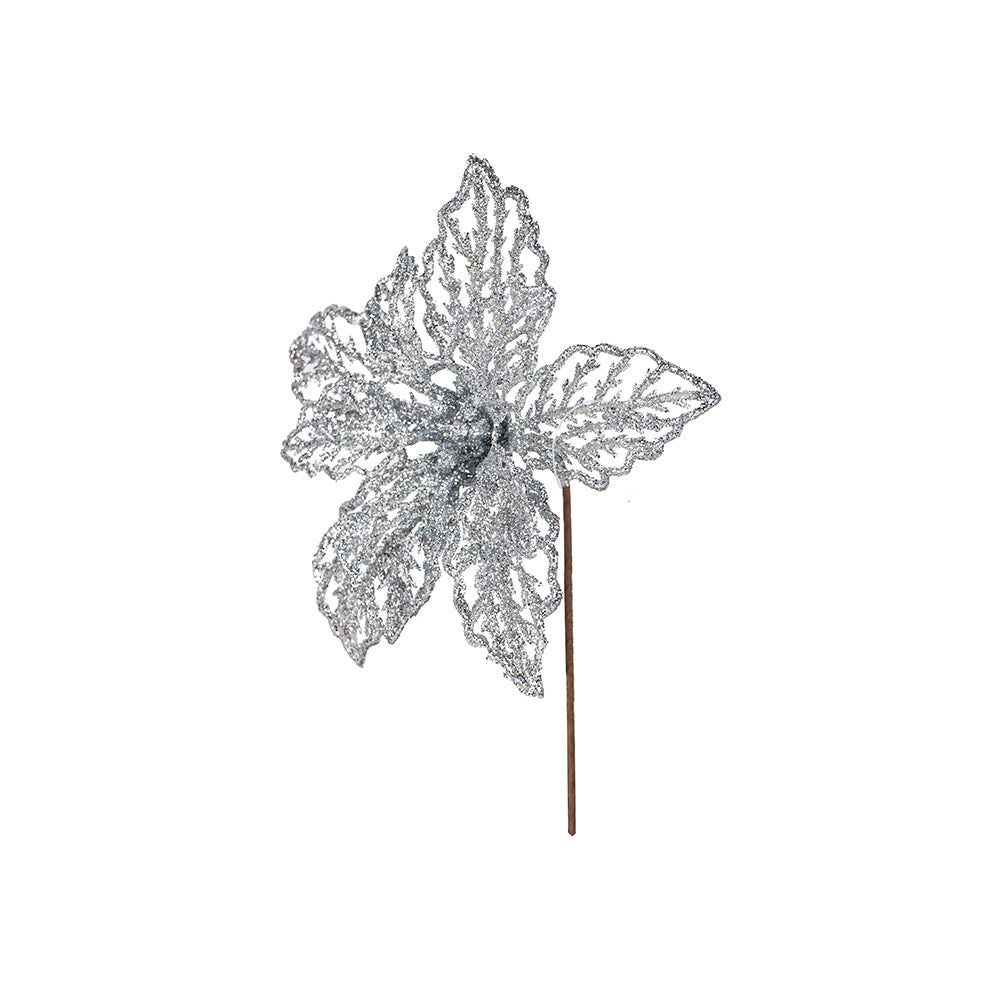 Artificial Glitted Floral Ornament Silver