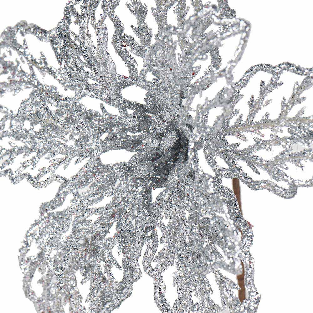 Artificial Glitted Floral Ornament Silver