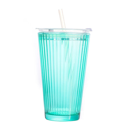 Ribbed Glass Cup With Straw