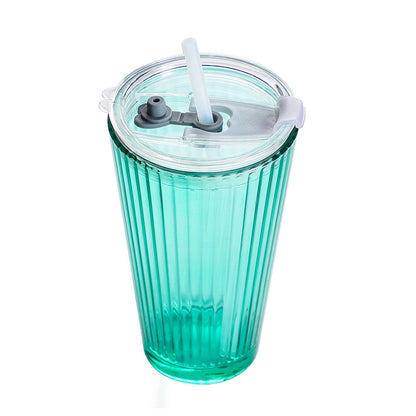 Ribbed Glass Cup With Straw