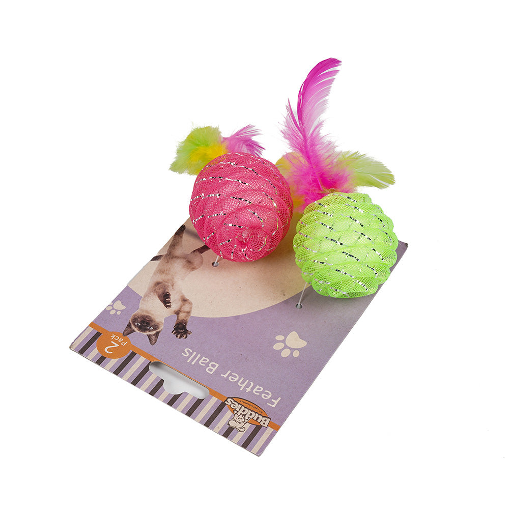 2?Feather?Ball Cat Toy Green & Pink