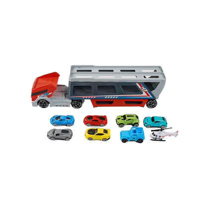 Car Transporter Container Truck Toys With 6 Cars & 1 Helicopter