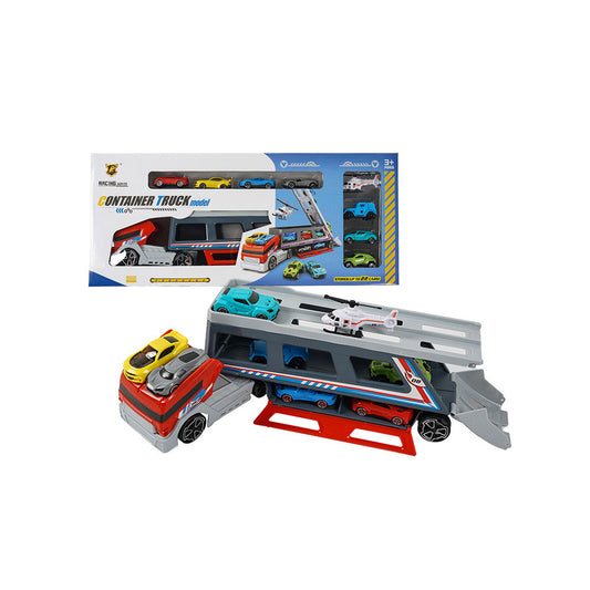 Car Transporter Container Truck Toys With 6 Cars & 1 Helicopter