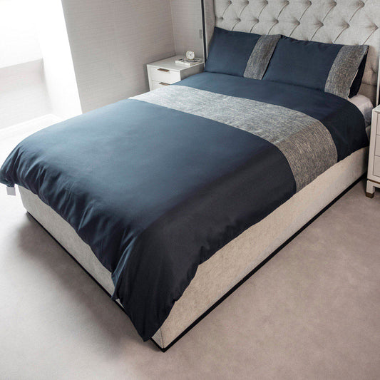 Natural Jacquard Panel Navy Duvet Set Double Size