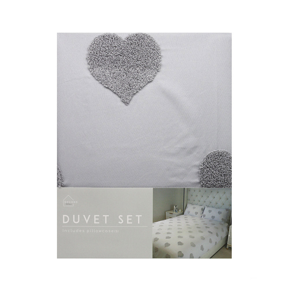 Light Grey Tufted Heart Duvet Set 3Pcs Double Size