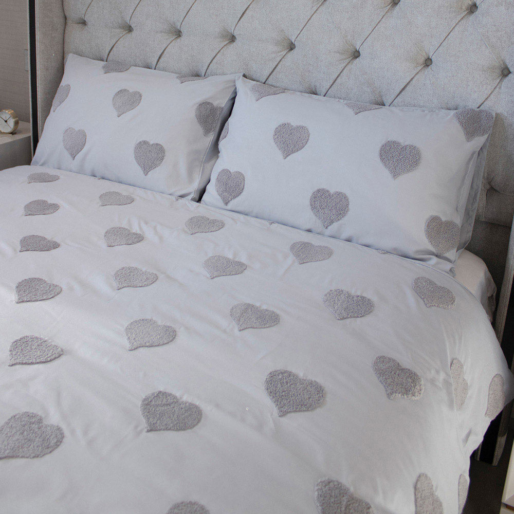 Light Grey Tufted Heart Duvet Set 3Pcs King Size