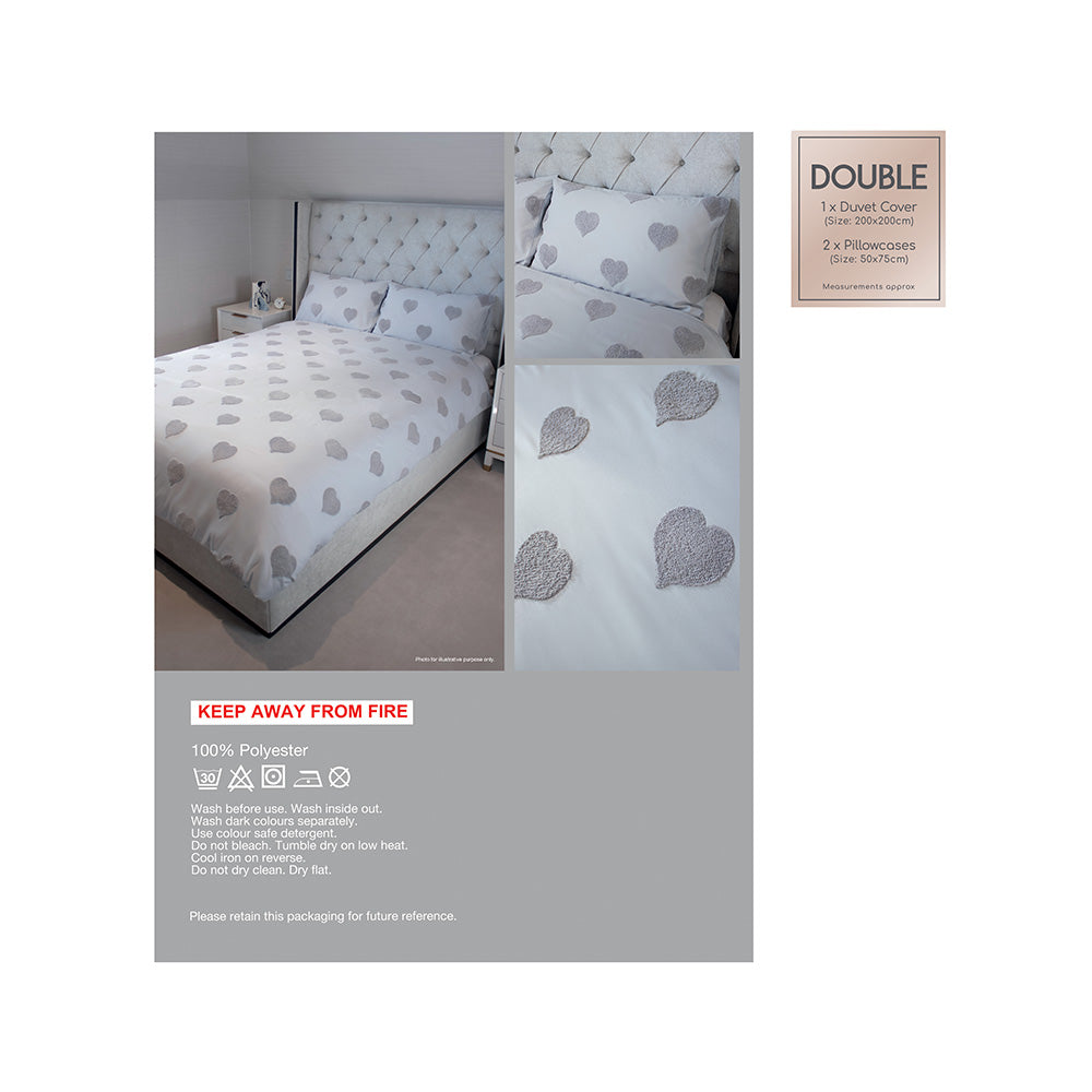 Light Grey Tufted Heart Duvet Set 3Pcs Double Size