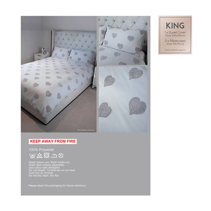 Light Grey Tufted Heart Duvet Set 3Pcs King Size