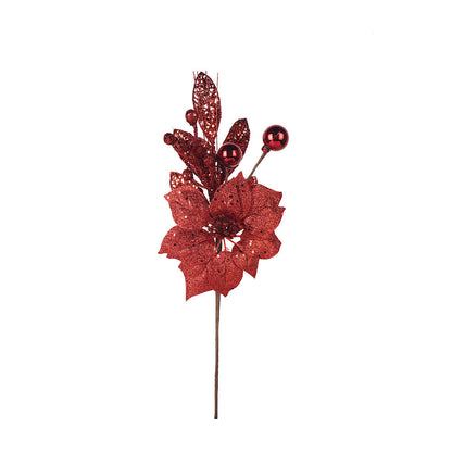 Artificial Glitted Poinsettia Pick Red