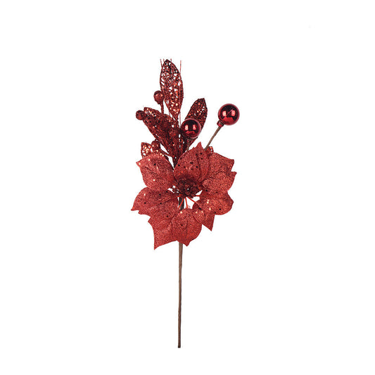 Artificial Glitted Poinsettia Pick Red