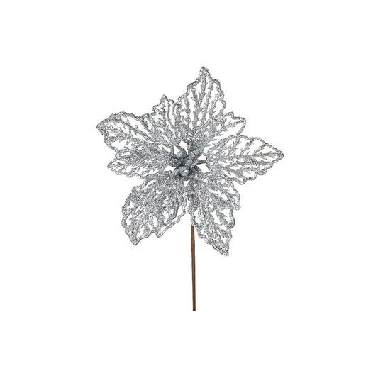 Artificial Glitted Floral Ornament Silver