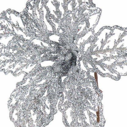 Artificial Glitted Floral Ornament Silver